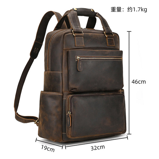 16-Inch Vintage Crazy Horse Leather Backpack, Large Capacity Outdoor Travel Daypack, Durable Genuine Leather Bag for Men