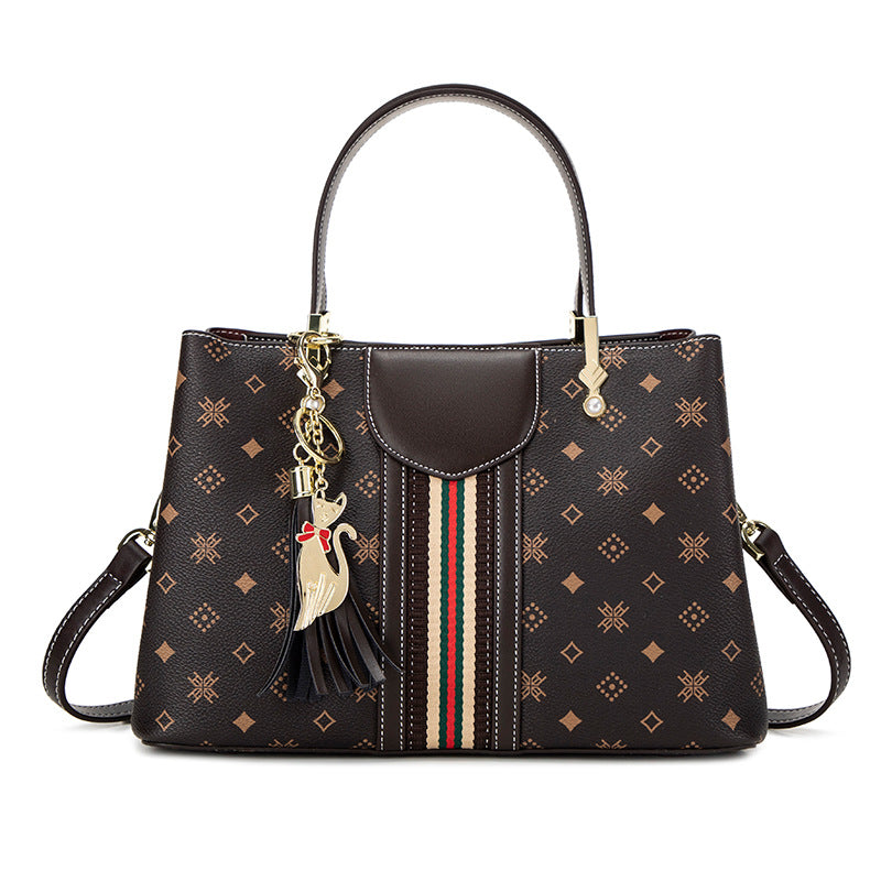 Women's Large Capacity Genuine Leather Tote Bag, Light Luxury Business Briefcase Handbag with Tassel Floral Print