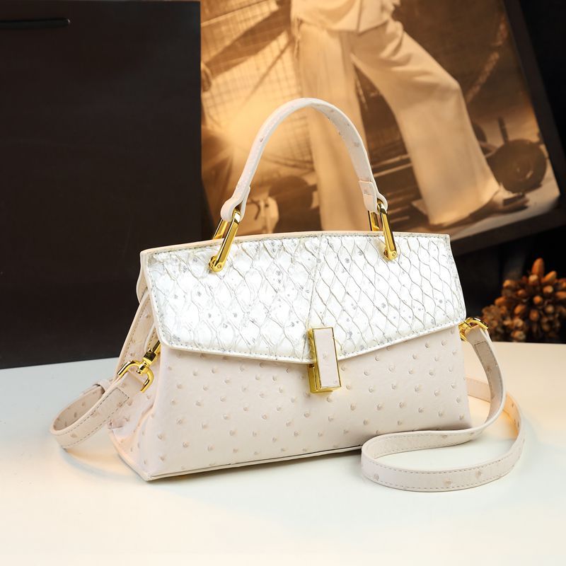Genuine Fish Skin Kelly-Style Bag for Women, New Premium Textured Top Handle Shoulder Crossbody Purse, Trendy Ostrich-Embossed Small Handbag for Ladies