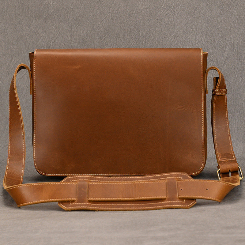 Crazy Horse Leather Flap Commute Briefcase, A4 Storage Crossbody Shoulder Bag, 13-Inch Work Bag for Men