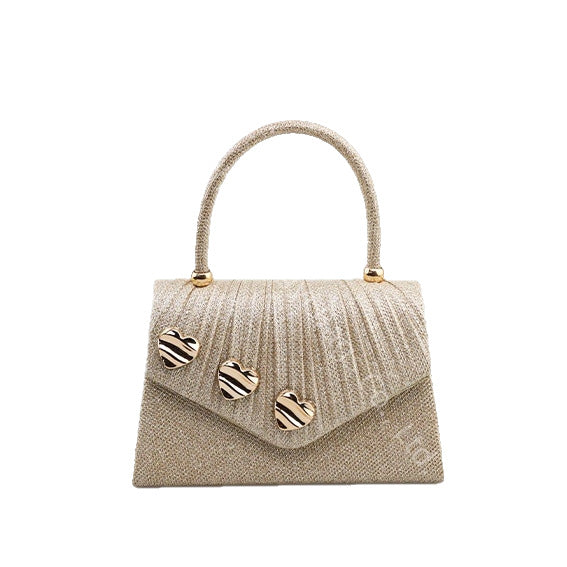Pleated Evening Clutch for Women, New Niche Designer Heart Buckle Top Handle Purse, Versatile Wedding Gown Handbag for Ladies