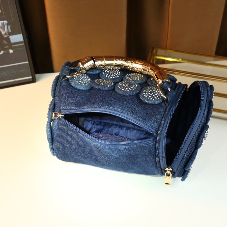 Denim Rhinestone Cylinder Bag for Women Light Luxury Shoulder Crossbody Handbag, Unique Handle Design Purse with Sparkly Trendy Style