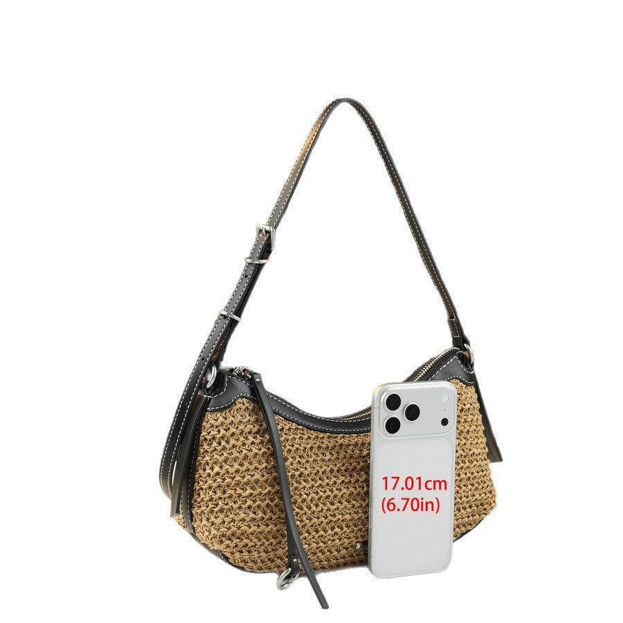 French Woven Straw Bag for Women Summer Beach Vacation Shoulder Crossbody Handbag, Natural Texture Purse with Bohemian Charm