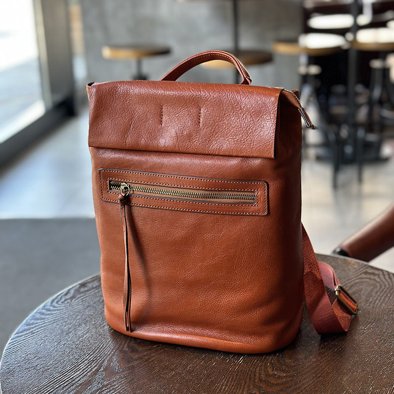 Genuine Vegetable-Tanned Cowhide Backpack for Women, New Original Japanese Vintage Artisan Large Capacity School Daypack, Casual Leather Bag for Ladies
