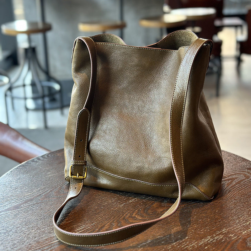 Vegetable-Tanned Cowhide Bucket Tote Bag for Women, Vintage Large Capacity Leather Shopping Shoulder Crossbody Purse, Casual Everyday Handbag for Ladies