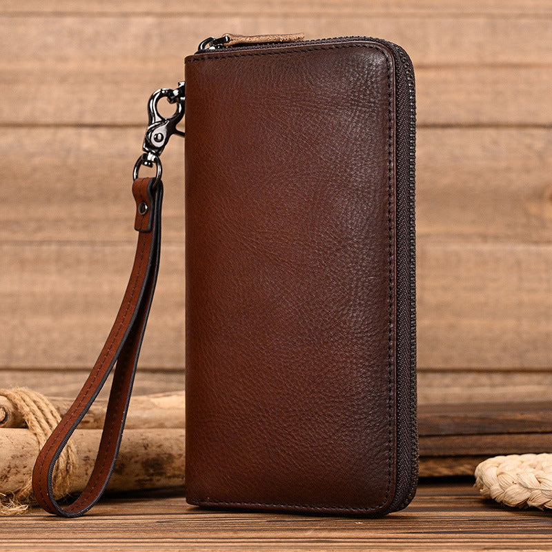 Vintage Vegetable-Tanned Leather Long Wallet, Hand-Burnished Multi-Card Clutch, Casual Phone Money Holder for Men