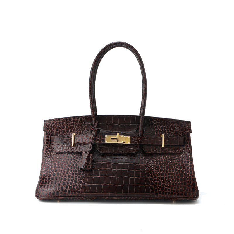 Chic Croc-Embossed Birkin-Inspired Horizontal Tote Bag for Women, Premium Top-Layer Cowhide Large Capacity Underarm Shoulder Handbag with Unique Boutique Style
