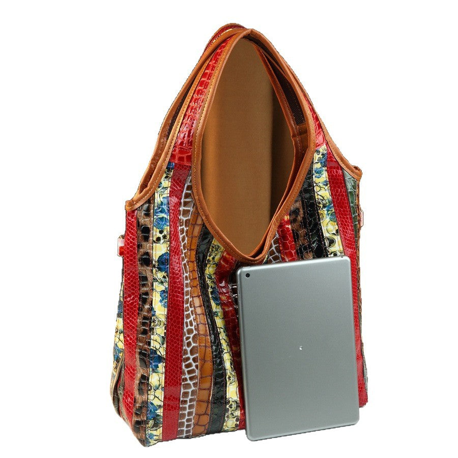 Genuine Leather Patchwork Tote Bag for Women Large Capacity Shoulder Crossbody Handbag, Vintage Trendy Purse with Versatile Everyday Style