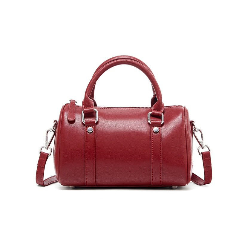 Genuine Top Layer Vegetable-Tanned Cowhide Boston Pillow Bag for Women, Large Capacity Commute Shoulder Crossbody Small Purse, Casual Everyday Leather Handbag for Ladies