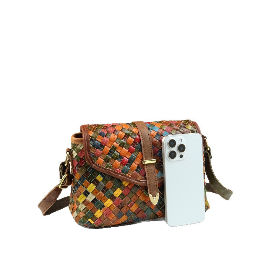 Genuine Leather Woven Mini Square Bag for Women Random Color Patchwork Shoulder Crossbody Purse, Versatile Fall Winter Handbag with Artisan Charm