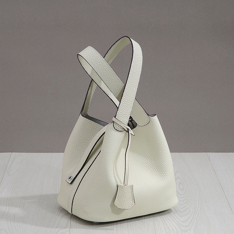 Genuine Top Layer Pebbled Cowhide Leather Bucket Bag for Women, New Fashionable Basket Mini Top Handle Handbag, Trendy Casual Purse for Ladies