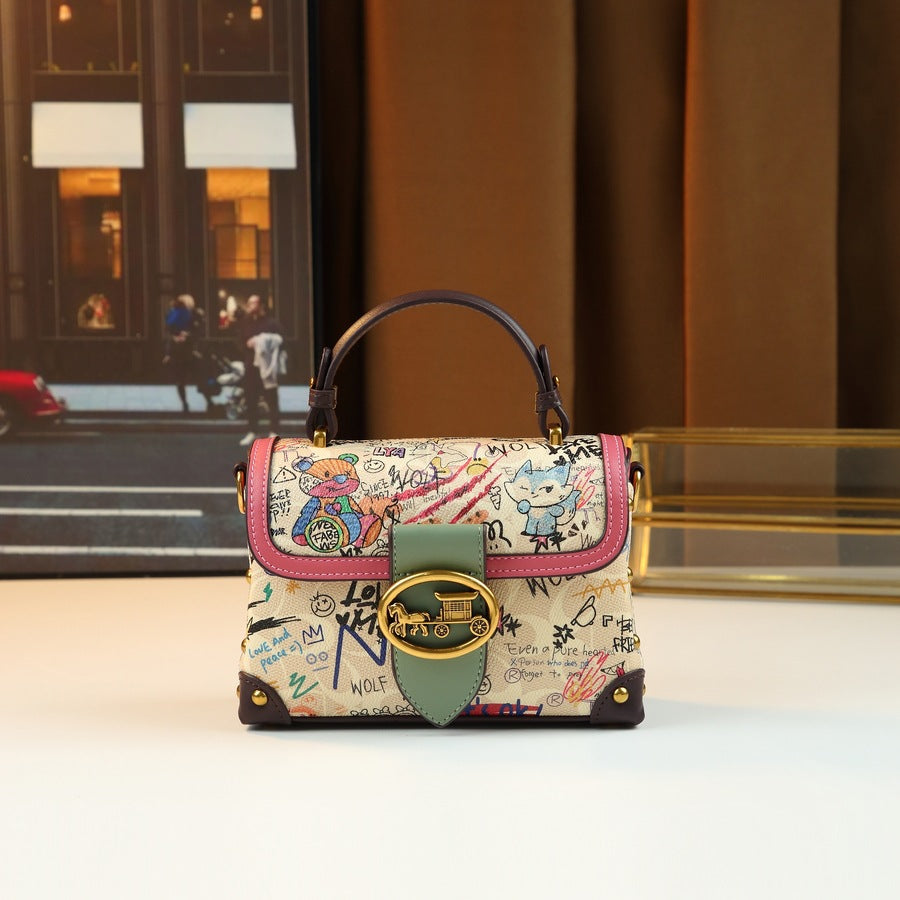 Color-Block Graffiti Bear Tote Bag for Women Light Luxury Shoulder Crossbody Handbag, Playful Art Purse with Versatile Spring Summer Style