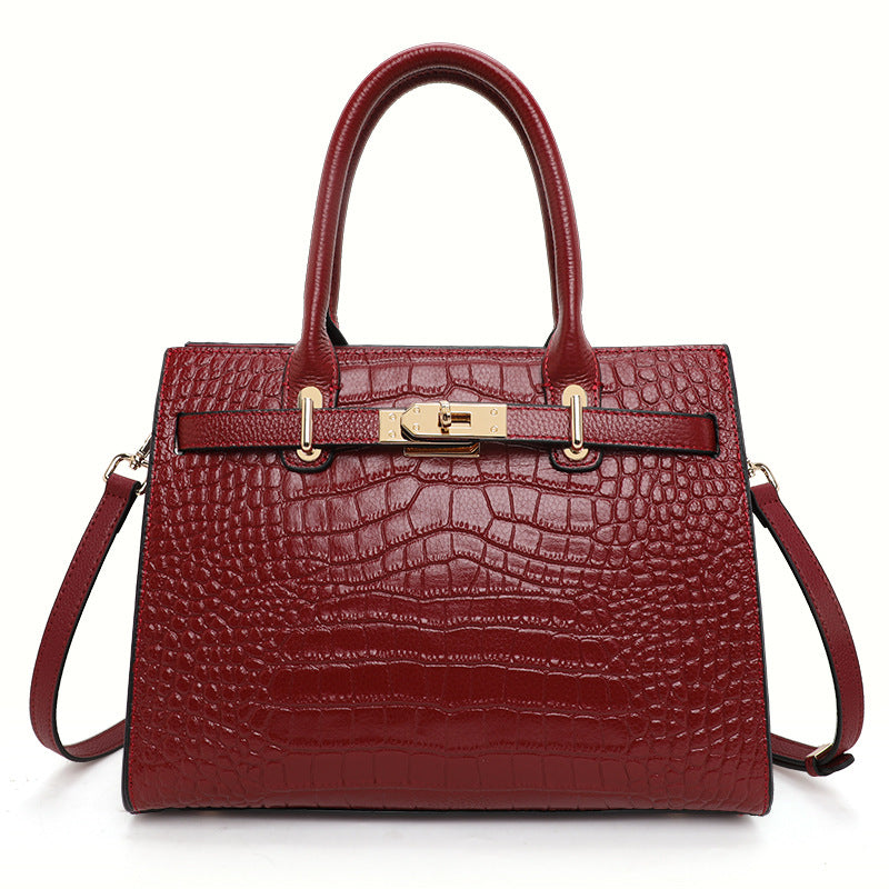 Genuine Leather Crocodile-Embossed Handbag for Women, Lock Buckle Commute Large Capacity Shoulder Crossbody Purse, Versatile Bag for Ladies