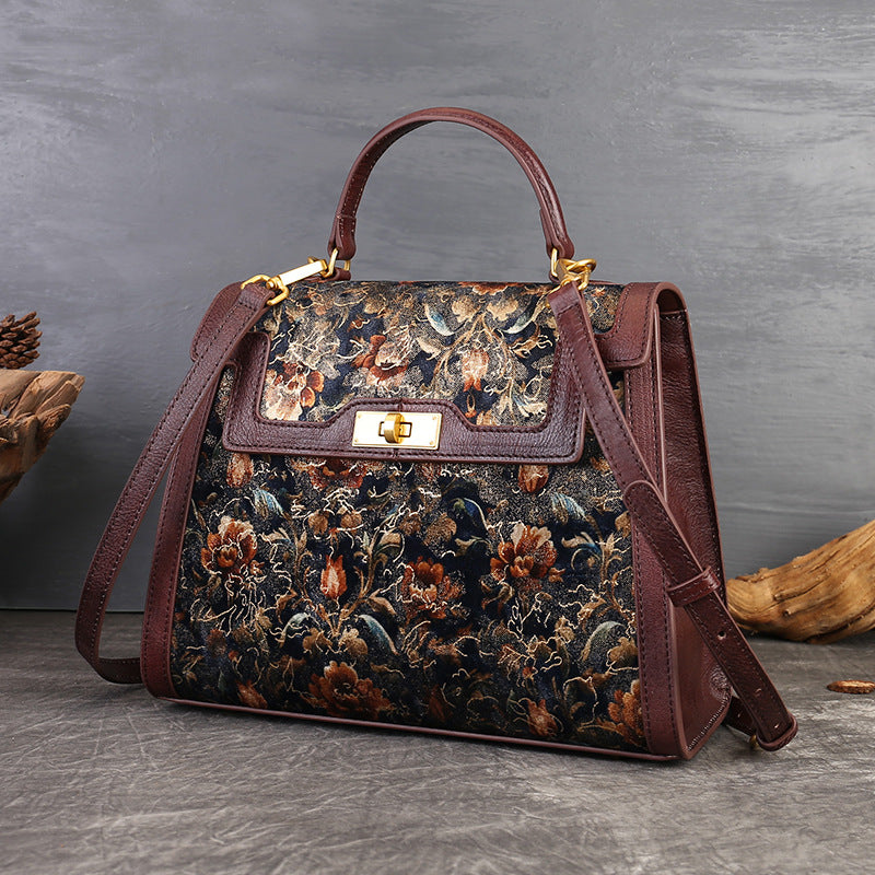 Genuine Leather Floral Embroidered Kelly-Style Bag for Women, Vintage Patchwork Top Handle Shoulder Crossbody Purse, Elegant Commute Handbag for Ladies