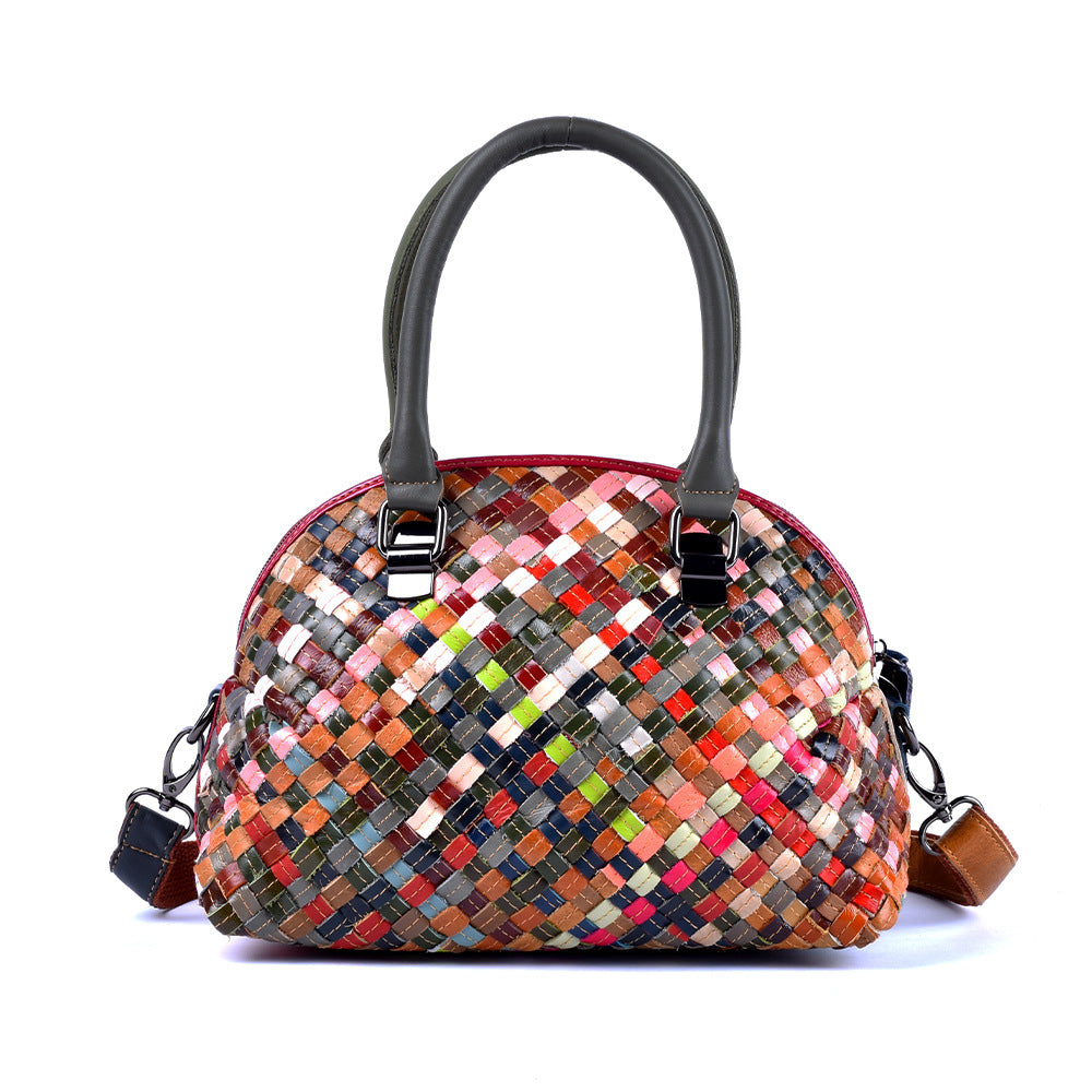 Genuine Leather Handwoven Colorful Cowhide Handbag for Women, New Arrival Top Handle Shoulder Crossbody Purse, Casual Travel Small Bag for Ladies