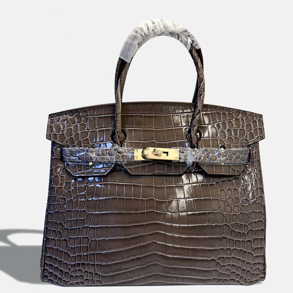 New Birkin Style Large Tote Bag for Women High Gloss Crocodile Embossed Genuine Leather Shoulder Handbag Crossbody Purse