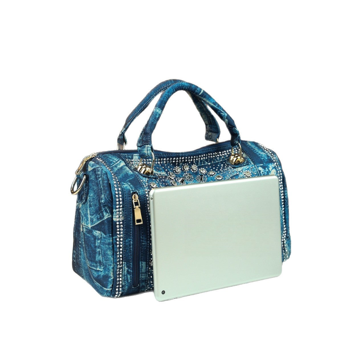 Stud Rhinestone Denim Tote Bag for Women Shoulder Crossbody Handbag, Trendy Casual Purse with Sparkly Hardware Accents