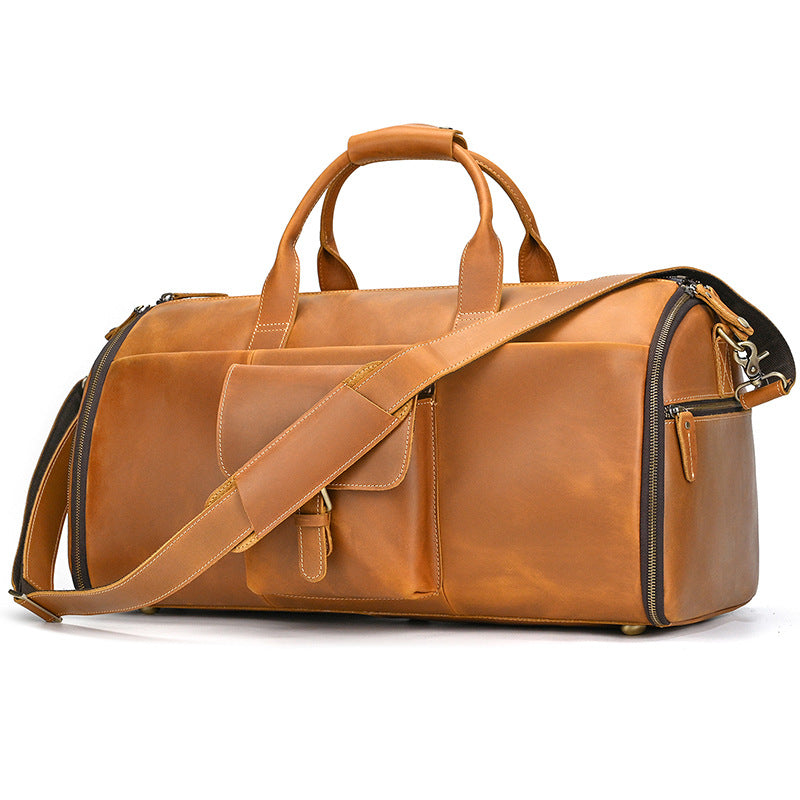 Multifunctional Crazy Horse Leather Travel Duffle, Foldable Suit Garment Bag with Wet-Dry Separation, Premium Gym Weekender for Men