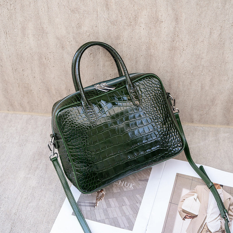 Genuine Leather Crocodile-Embossed Boston Bag for Women, New Stylish Large Capacity Commute Top Handle Crossbody Purse, Versatile Handbag for Ladies