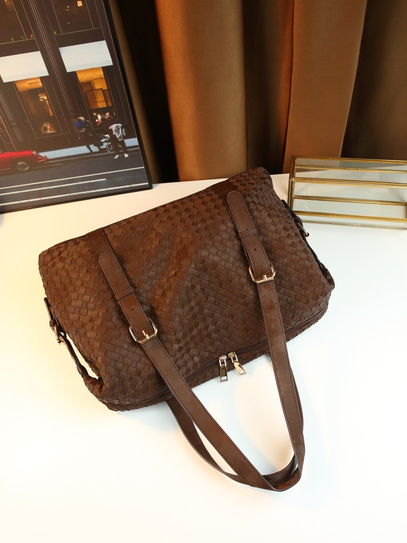 Woven Travel Tote Bag for Men and Women Large Capacity Shoulder Luggage Handbag, Coffee Brown Business Trip Purse with Versatile Design