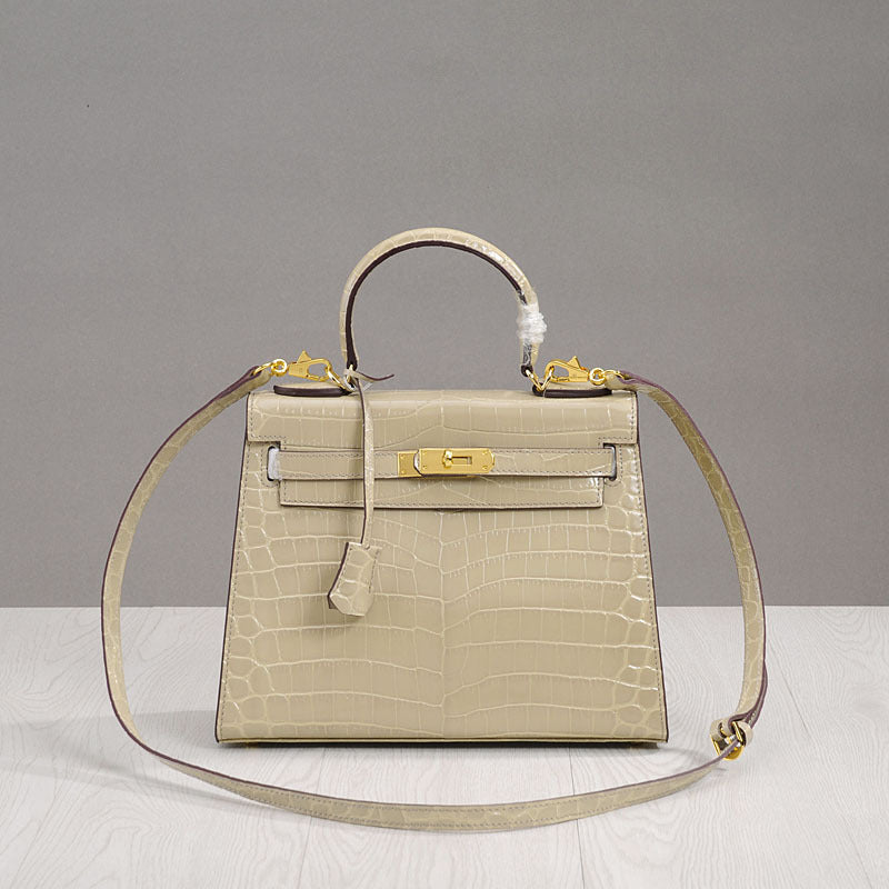 Spring Summer New Women's Genuine Leather Small Crossbody Shoulder Handbag Kelly Style with Crocodile Embossed Pattern