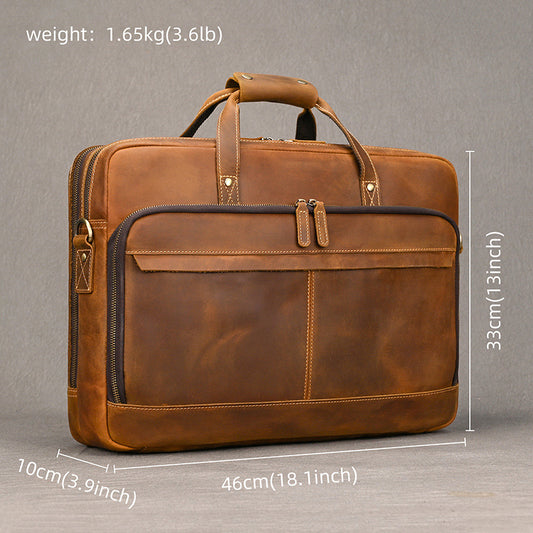 16-Inch New Vintage Crazy Horse Leather Briefcase, Large Capacity Commute Travel Laptop Bag, Premium Cowhide Top Handle Bag for Men