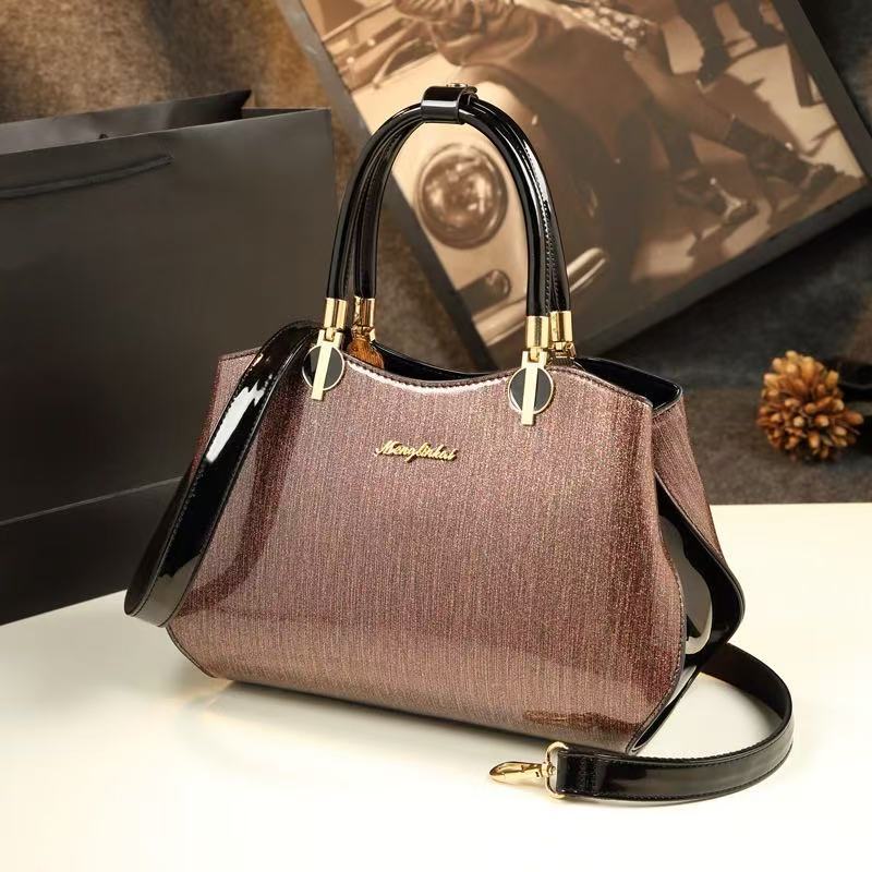 Genuine Patent Leather Large Shoulder Bag for Women, New Mom Crossbody Top Handle Purse, Stylish Handbag for Middle-Aged Ladies