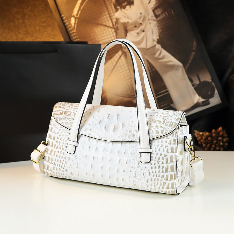 New Arrival Croc-Effect Genuine Leather Boston Pillow Bag for Women, A Fashionable Shoulder Crossbody Top-Handle Handbag Perfect for Moms