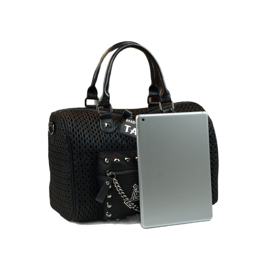 Mesh Studded Letter Print Pillow Bag for Women Chain Shoulder Crossbody Handbag, Edgy Cool Purse with Embellished Hardware
