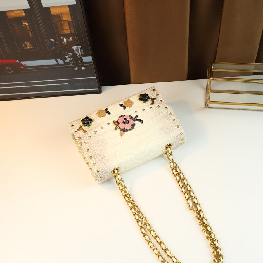 Floral Lace Kelly Mini Bag for Women Lock Buckle Shoulder Crossbody Handbag, Niche Premium Purse with Elegant Floral Detail
