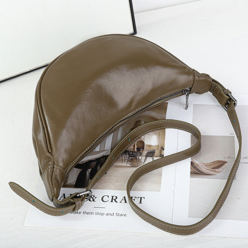 Genuine Top Layer Vegetable-Tanned Cowhide Dumpling Bag for Women, Vintage Fashionable Shoulder Crossbody Purse, Trendy Everyday Handbag for Ladies
