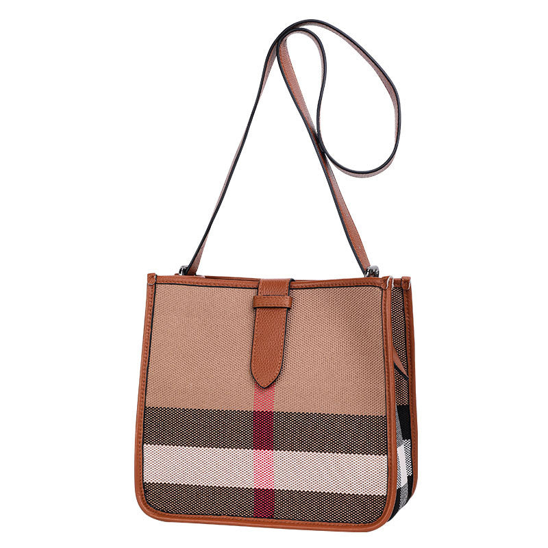 New Premium Plaid Canvas Small Square Bag, Leather Trim Crossbody Shoulder Purse, Versatile Trendy Handbag for Women