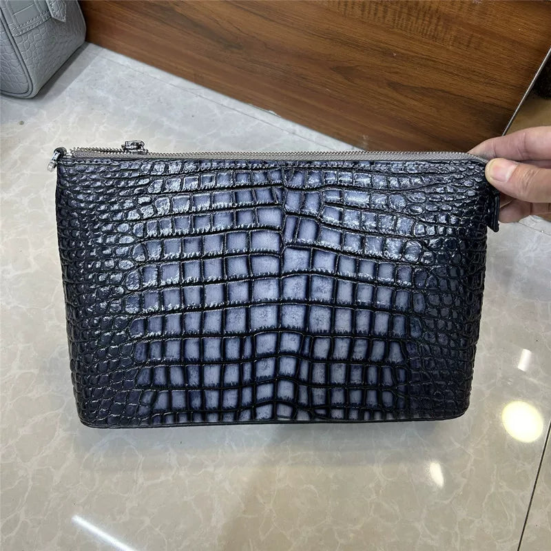 New Arrival Genuine Leather Croc-Effect Wristlet Clutch for Men, A Large Capacity Envelope Hand Grab Bag with Multiple Compartments & Detachable Wrist Strap