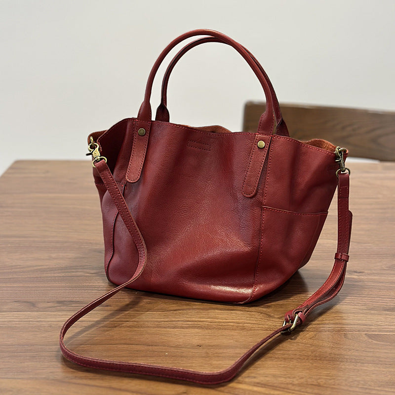 Handmade Cowhide Large Capacity Shopping Tote Bag for Women, Vintage Bucket Shoulder Crossbody Top Handle Purse, Genuine Leather Handbag for Ladies