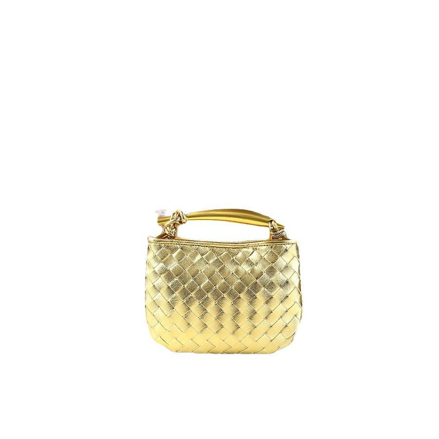 Gold Mini Woven Bag for Women with Sardine Handle, Niche Shoulder Crossbody Handbag with Unique Hardware Accent