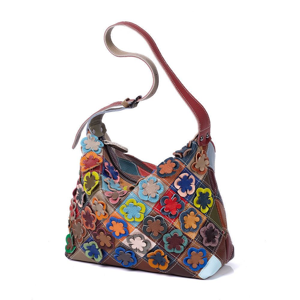 Premium Handcrafted Floral Color-Block Quilted Leather Bag for Women | New Genuine Cowhide Shoulder Purse with Unique Artistic Floral Patchwork Design | Casual Chic Everyday Handbag with Bohemian Flair | Trendy Statement Accessory for the Style-Consc