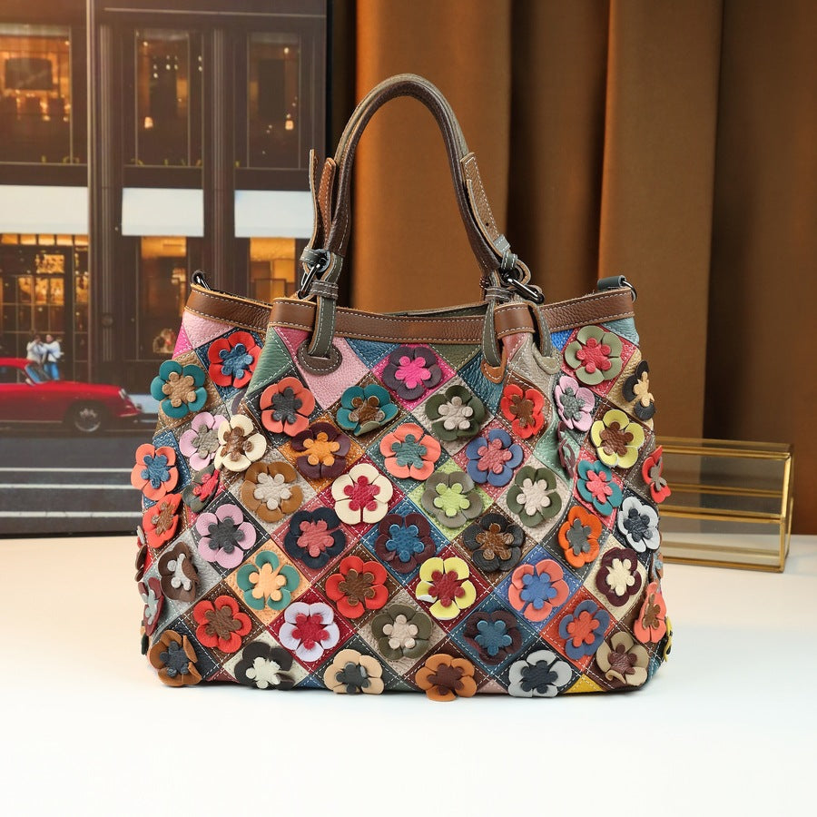 Genuine Leather Handwoven Colorful Patchwork Handbag for Women, Vintage Large Capacity Crossbody Purse, Casual Versatile Top Handle Shoulder Bag