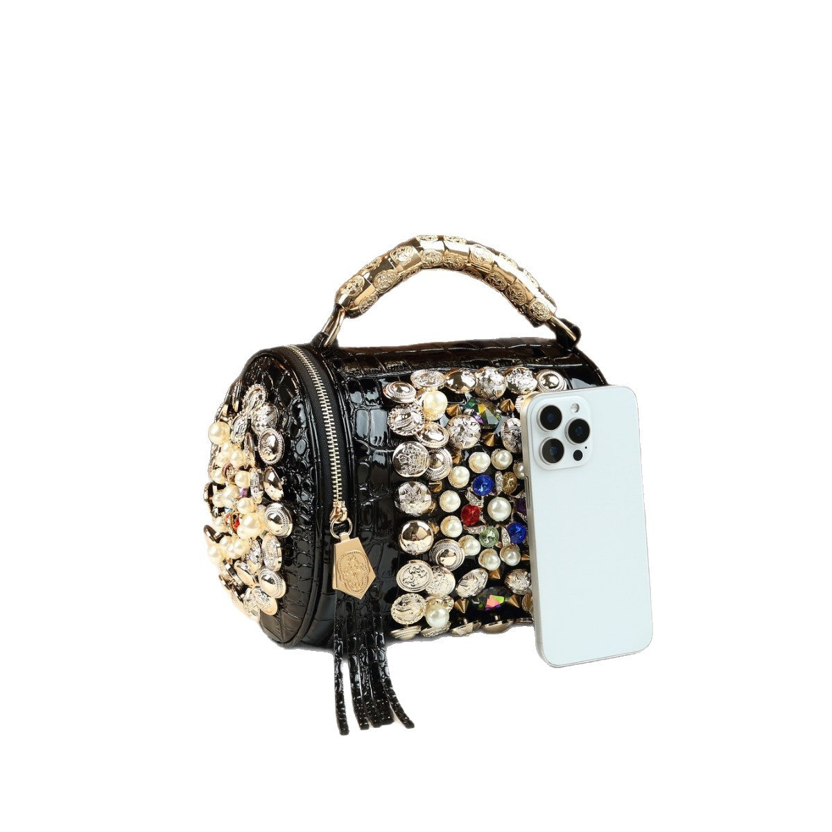 Handmade Beaded Stud Cylinder Bag for Women Shoulder Crossbody Handbag, Personality Fashion Purse with Unique Embellished Design