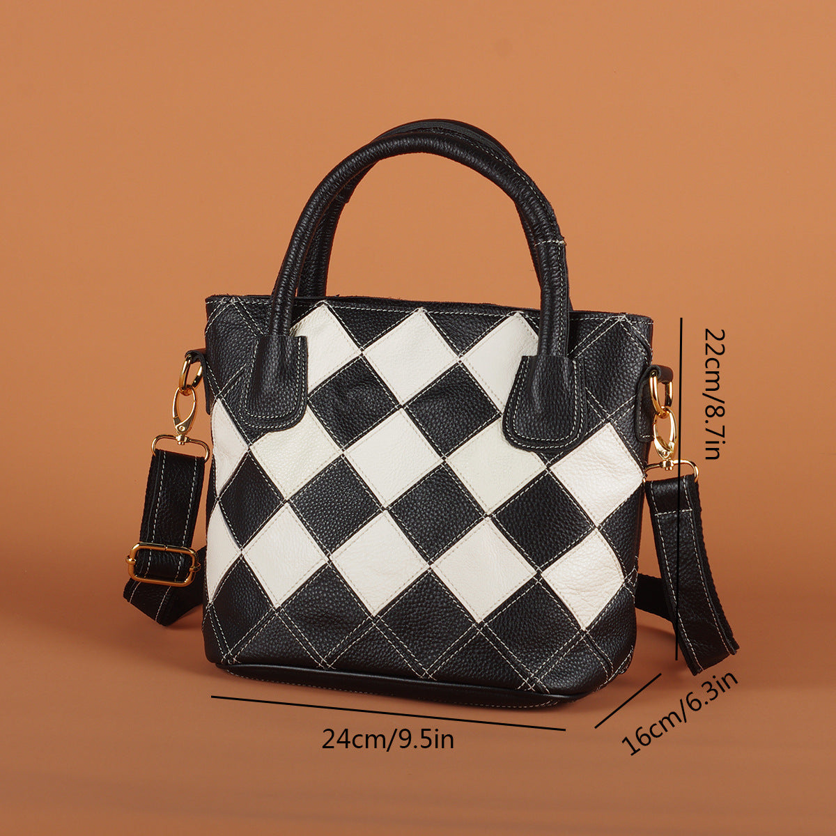 Genuine Leather Black and White Plaid Patchwork Handbag for Women, Ethnic Casual Shoulder Crossbody Top Handle Purse, Color Block Designer Bag for Ladies