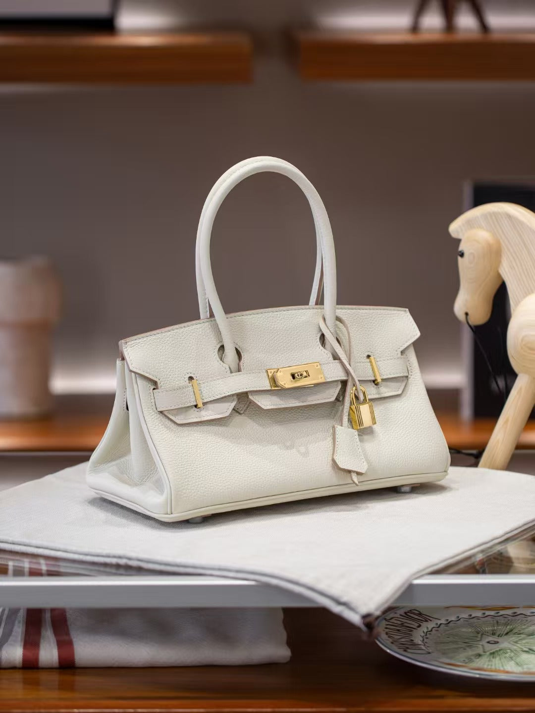 Genuine Togo Leather Birkin-Style Bag for Women, New Vintage Horizontal Top Handle Handbag, Premium Retro Purse for Ladies