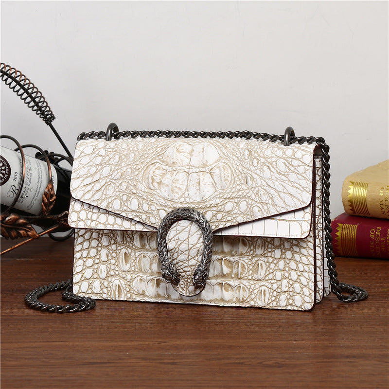 New Arrival Croc-Effect Genuine Leather Chain Flap Bag for Women, A Small Square Crossbody Shoulder Handbag with Large Capacity & Trendy Design