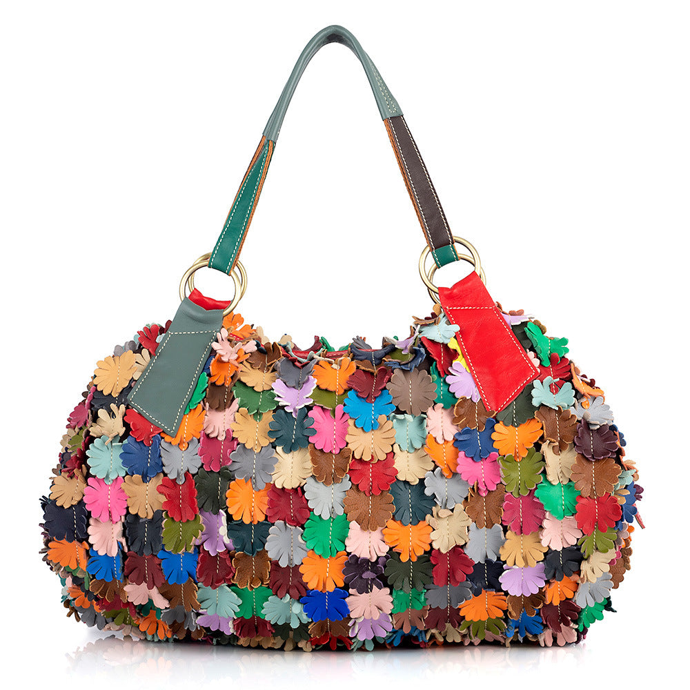 Genuine Leather Handmade Colorful Pattern Bag for Women, New Soft Large Crossbody Shoulder Purse, Trendy Everyday Handbag for Ladies