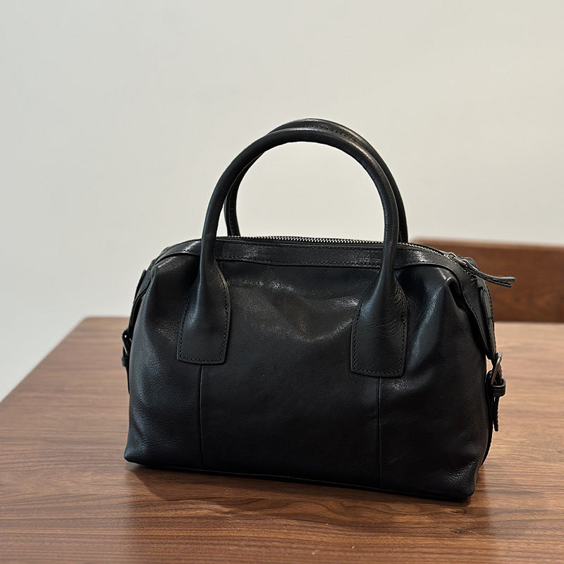 Genuine Top Layer Vegetable-Tanned Cowhide Boston Bag for Women, Minimalist Vintage Shoulder Crossbody Top Handle Purse, Fashionable Commute Handbag for Ladies