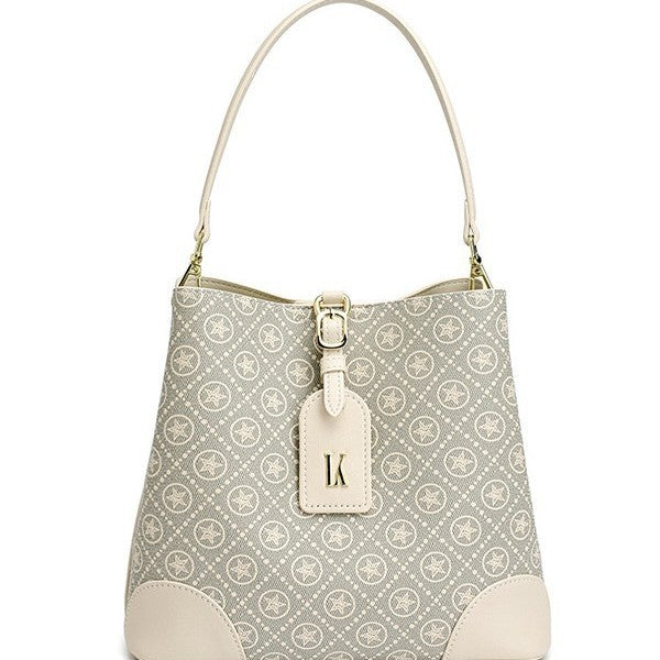 Genuine Leather Vintage Monogram Bucket Bag for Women, Light Luxury Classic Printed Shoulder Crossbody Top Handle Purse, Trendy Handbag for Ladies