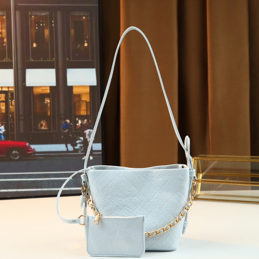 Quilted Chain Bucket Bag Set for Women Korean Style Shoulder Crossbody Handbag, Versatile Travel Purse with Detachable Sub-Bag