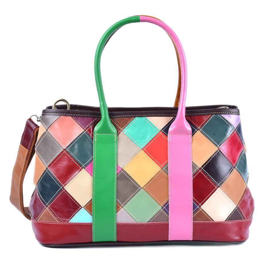 Checkered Patchwork Color Block Tote in Top Layer Cowhide, Fashionable Shoulder Crossbody Top Handle Handbag, Stylish Bag for Women