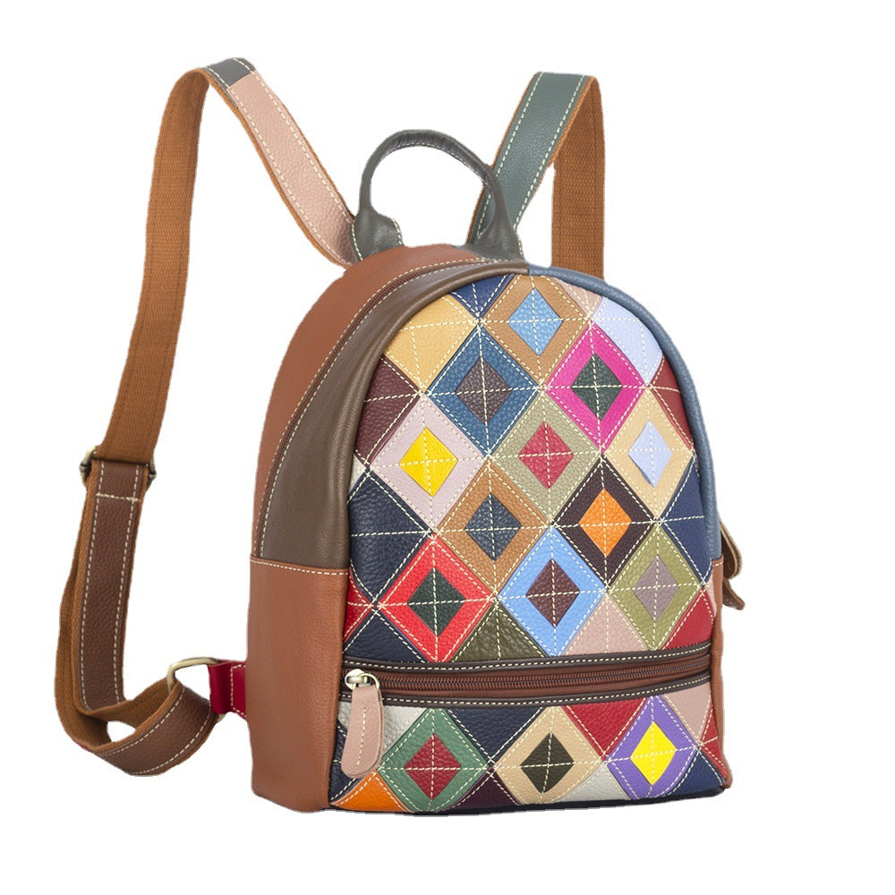 Genuine Top Layer Cowhide Colorful Plaid Color Block Backpack for Women, Casual Travel Daypack, Trendy Leisure Shoulder Bag for Ladies