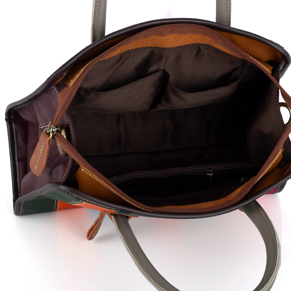 Genuine Cowhide Colorful Stripe Color Block Bag for Women, New Shoulder Crossbody Top Handle Purse, Trendy Handbag for Ladies