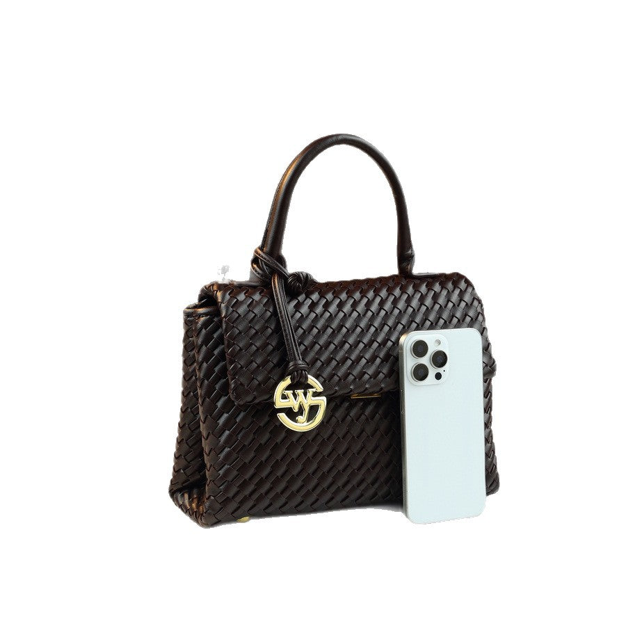 Handwoven Mini Square Bag for Women Niche Commuter Shoulder Handbag, Minimalist Purse with Round Hardware Accent