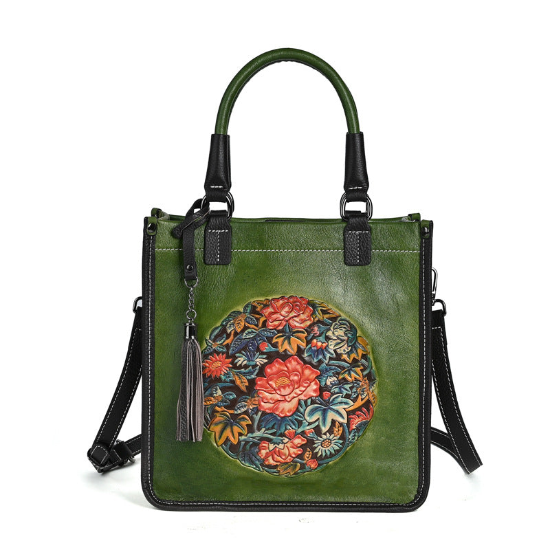 Genuine Top Layer Cowhide Chinese Classical Handbag for Women, Vintage Retro Small Square Crossbody Shoulder Top Handle Purse, Trendy Oriental Style Bag for Ladies